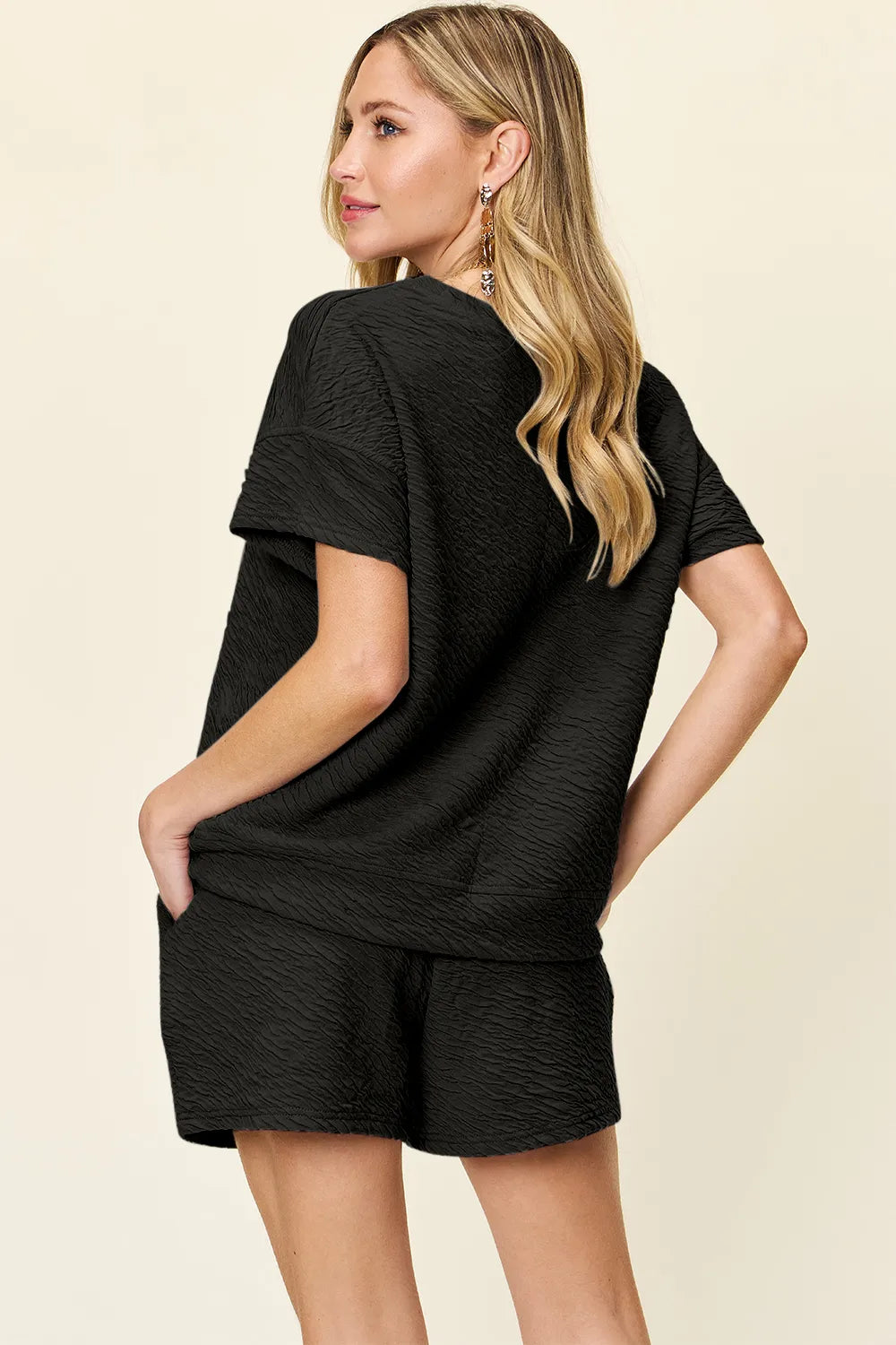 Image of Double Take Full Size Texture Short Sleeve T-Shirt and Drawstring Shorts Set | Queeble.shop