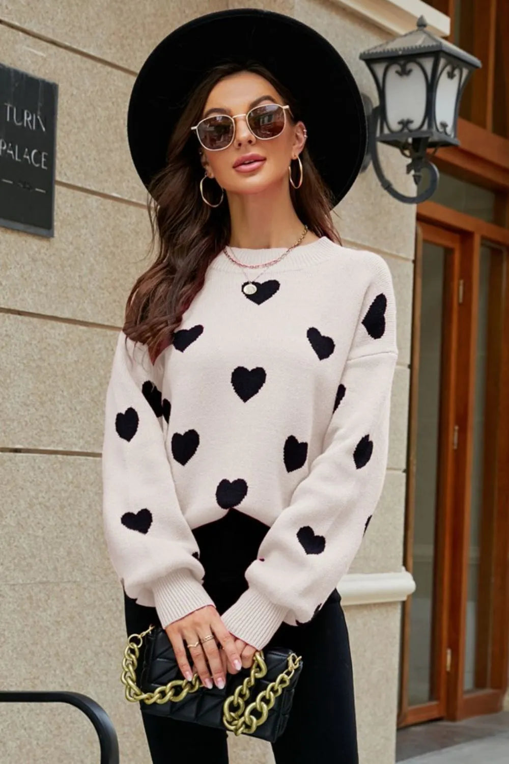 Image of Woven Right Heart Pattern Lantern Sleeve Round Neck Tunic Sweater | Queeble.shop