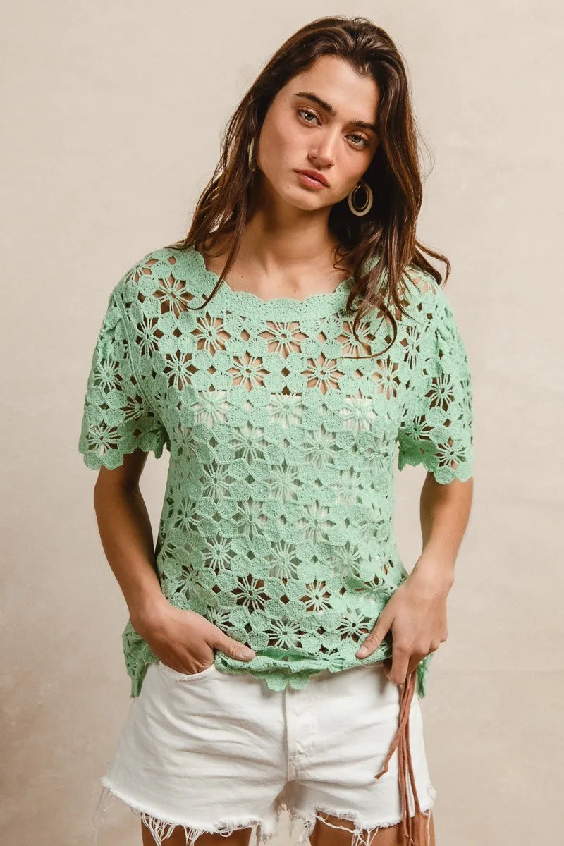 Image of BiBi Openwork Crochet Short Sleeve Knit Top | Queeble.shop
