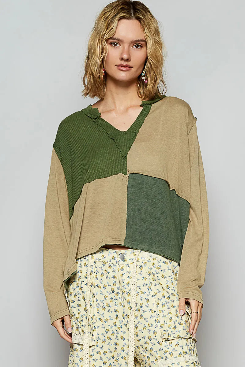 Image of POL Color Block Notched Long Sleeve T-Shirt | Queeble.shop