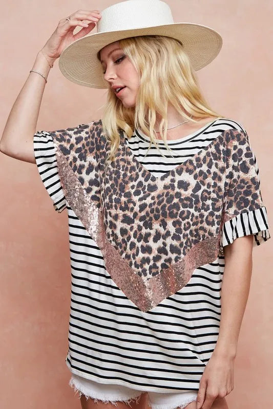 Image of BiBi Stripe Rayon Span Knit Color Block Top With Leopard | Queeble.shop