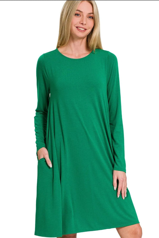 Image of Zenana Long Sleeve Flare Dress With Pockets | Queeble.shop