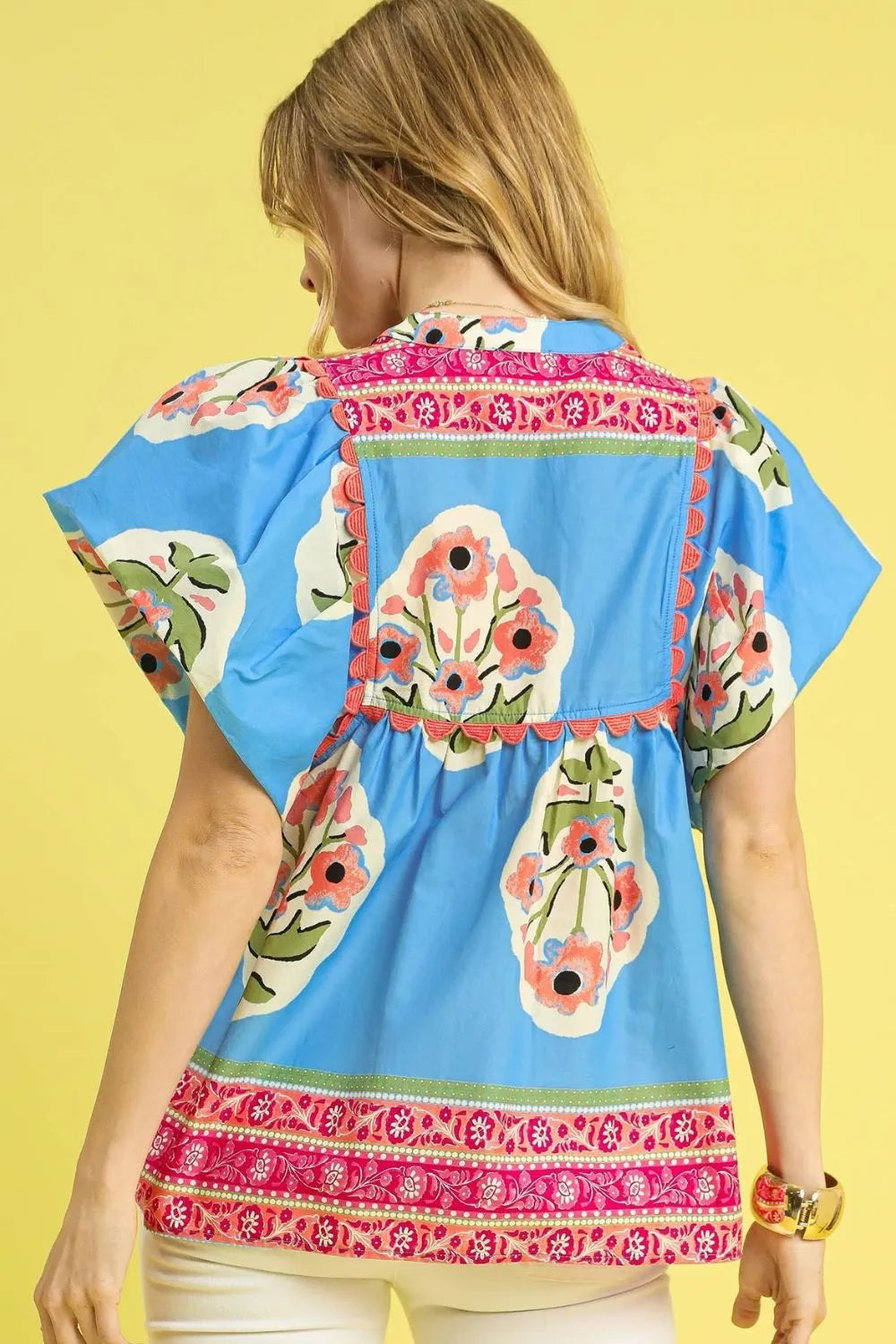 Image of Umgee Floral Notched Puff Sleeve Blouse | Queeble.shop