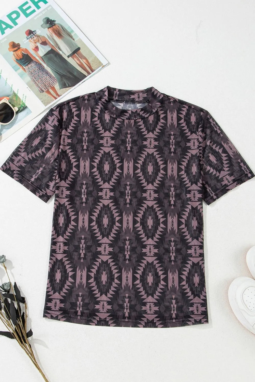 Image of Aztec Print Mock Neck Short Sleeve Mesh T Shirt | Queeble.shop