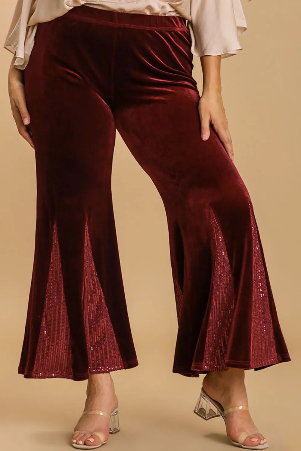 Image of Umgee Full Size Sequin Elastic Waist Velvet Stretch Flare Leg Pants Plus Size | Queeble.shop