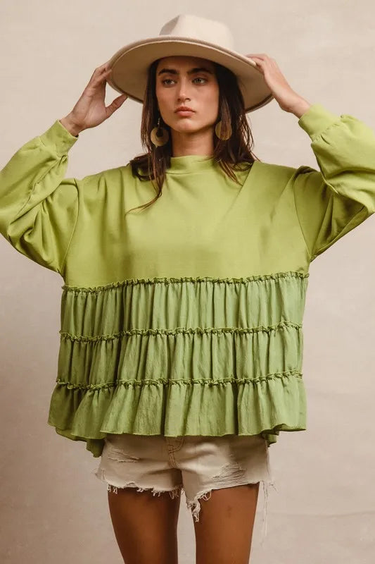 Image of BiBi French Terry and Woven Mixed Tiered Top | Queeble.shop