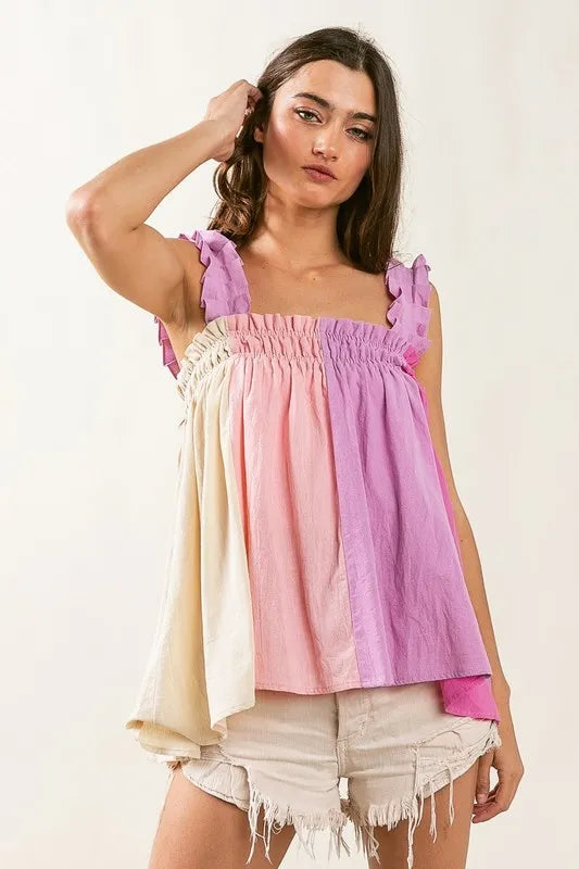 Image of BiBi Frill Shoulder Strap Color Block Bodice Top | Queeble.shop