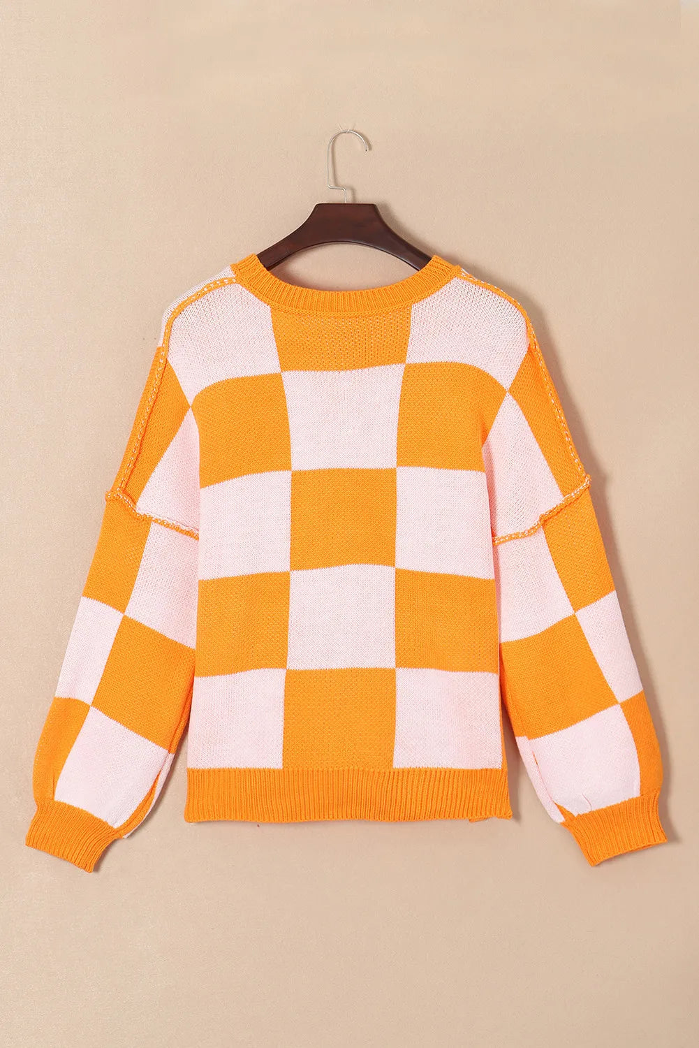 Image of Pumpkin Checkered Round Neck Long Sleeve Sweater | Queeble.shop