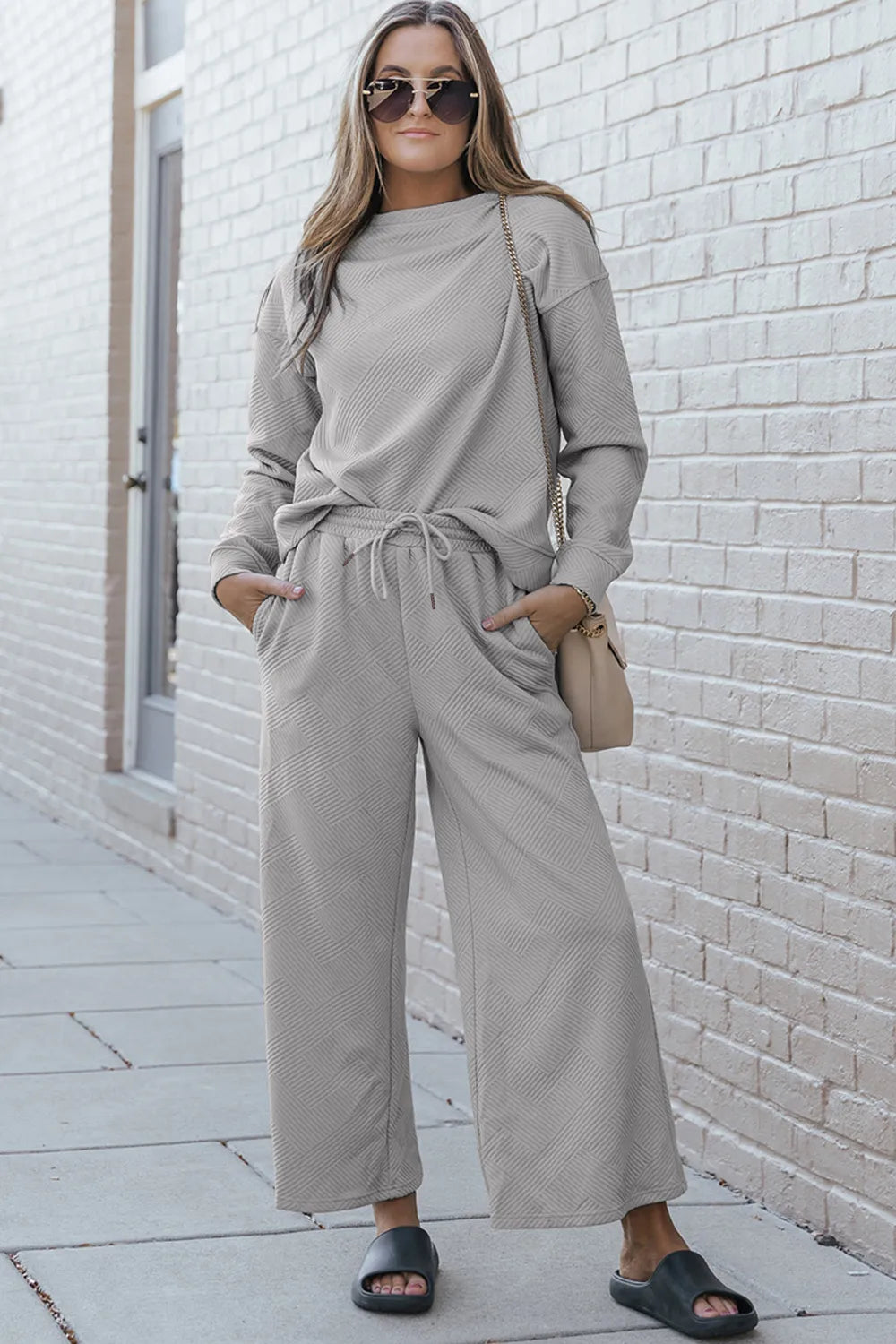 Image of Double Take Full Size Textured Long Sleeve Top and Drawstring Pants Set | Queeble.shop