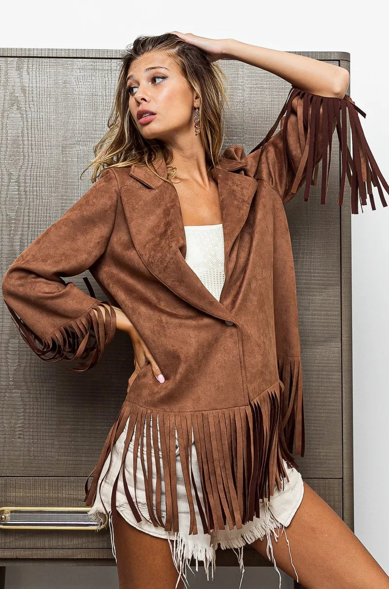 Image of BiBi Suede Single Blazer with Fringed Hem | Queeble.shop
