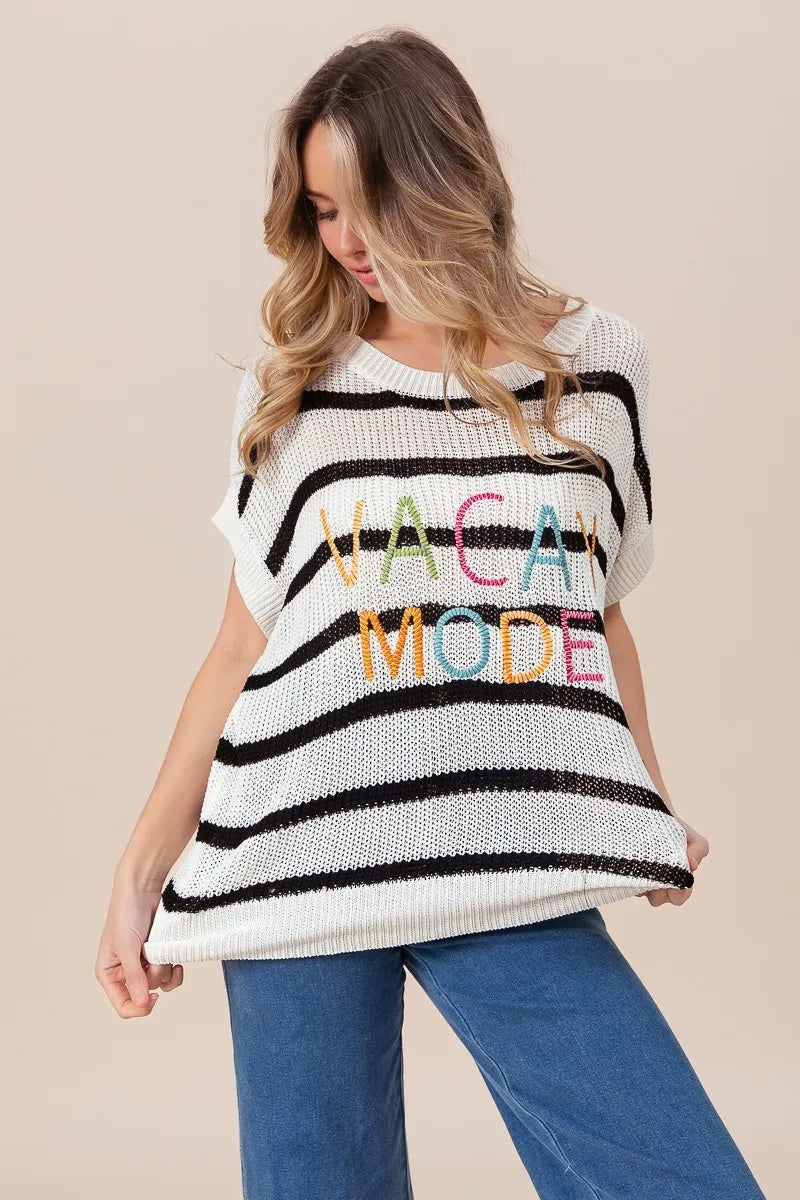Image of BiBi Vacay Mode Lettering Drop Shoulder Striped Sweater | Queeble.shop