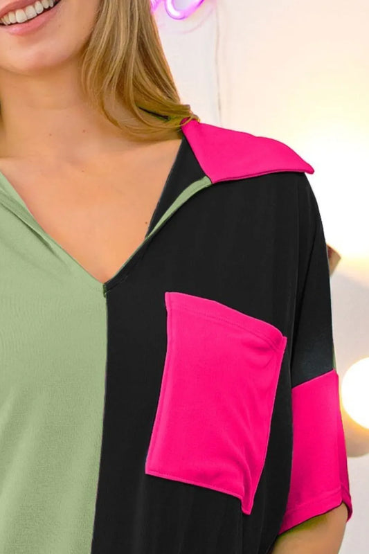 Image of BiBi Slinky Knit Color Block V Neck Front Top | Queeble.shop