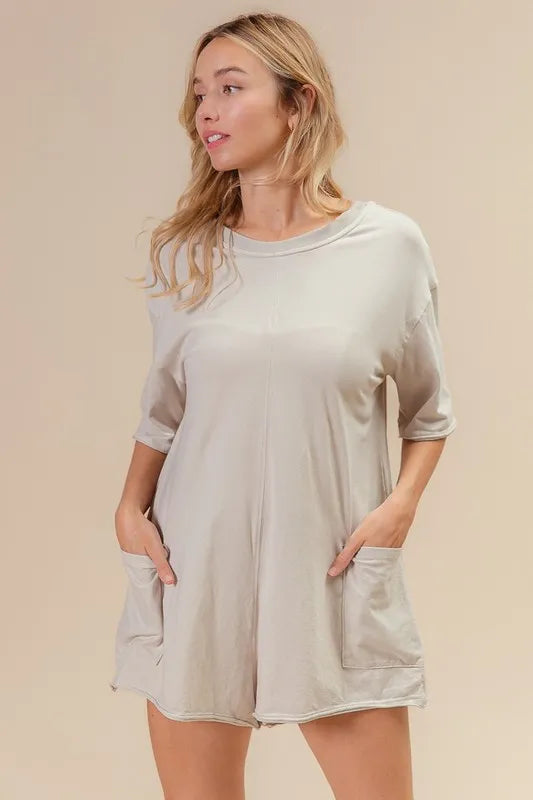 Image of BiBi Short Sleeve Back Open Washed Romper | Queeble.shop