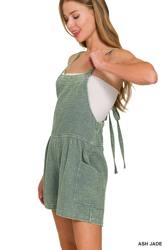 Image of Zenana Washed Double Gauze Tie Back Rompers | Queeble.shop
