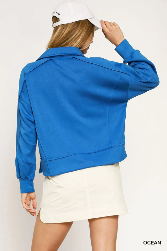 Image of Umgee Collared Neck Long Sleeve Top with Raw Hem Detail | Queeble.shop