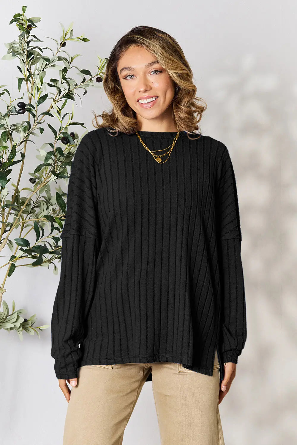 Image of Basic Bae Full Size Ribbed Round Neck Slit Knit Top | Queeble.shop