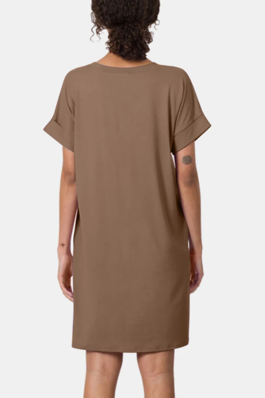 Image of Zenana Rolled Short Sleeve V-Neck Dress | Queeble.shop