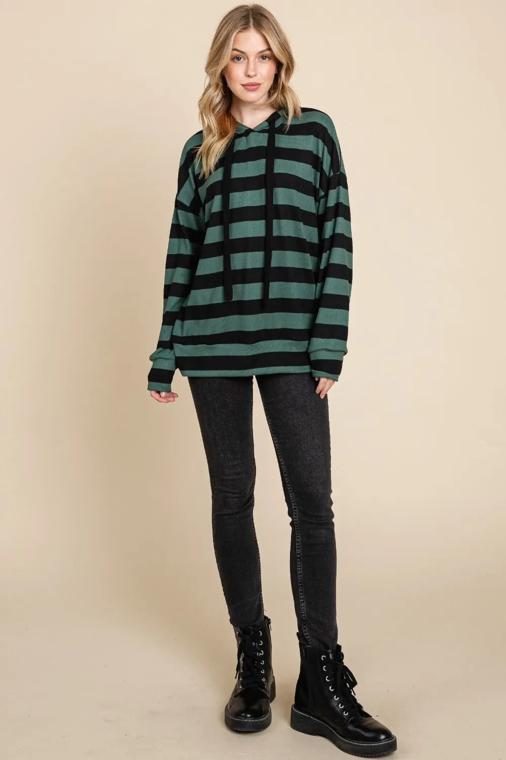 Image of BOMBOM Drawstring Striped Dropped Shoulder Hoodie | Queeble.shop