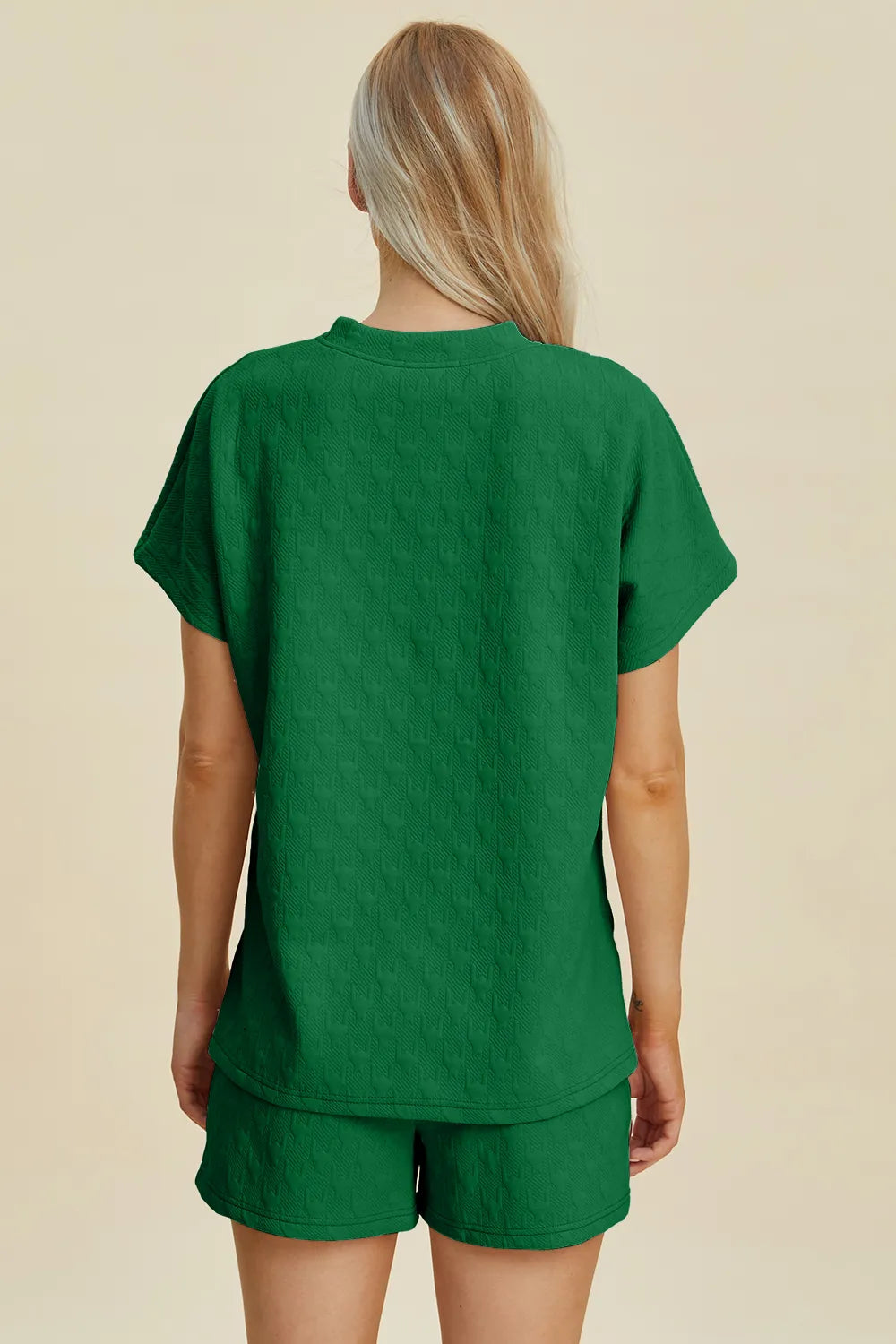 Image of Double Take Full Size Texture Round Neck Short Sleeve Top and Shorts Set | Queeble.shop