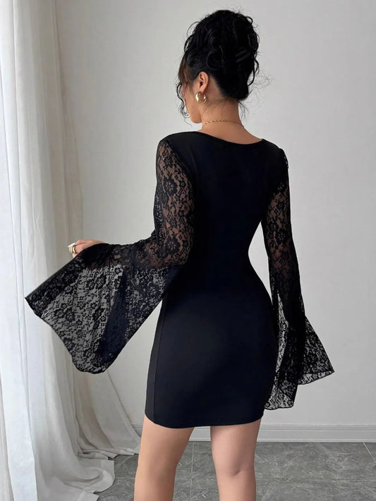 Image of Square Neck Lace Bell Sleeve Bodycon Dress | Queeble.shop