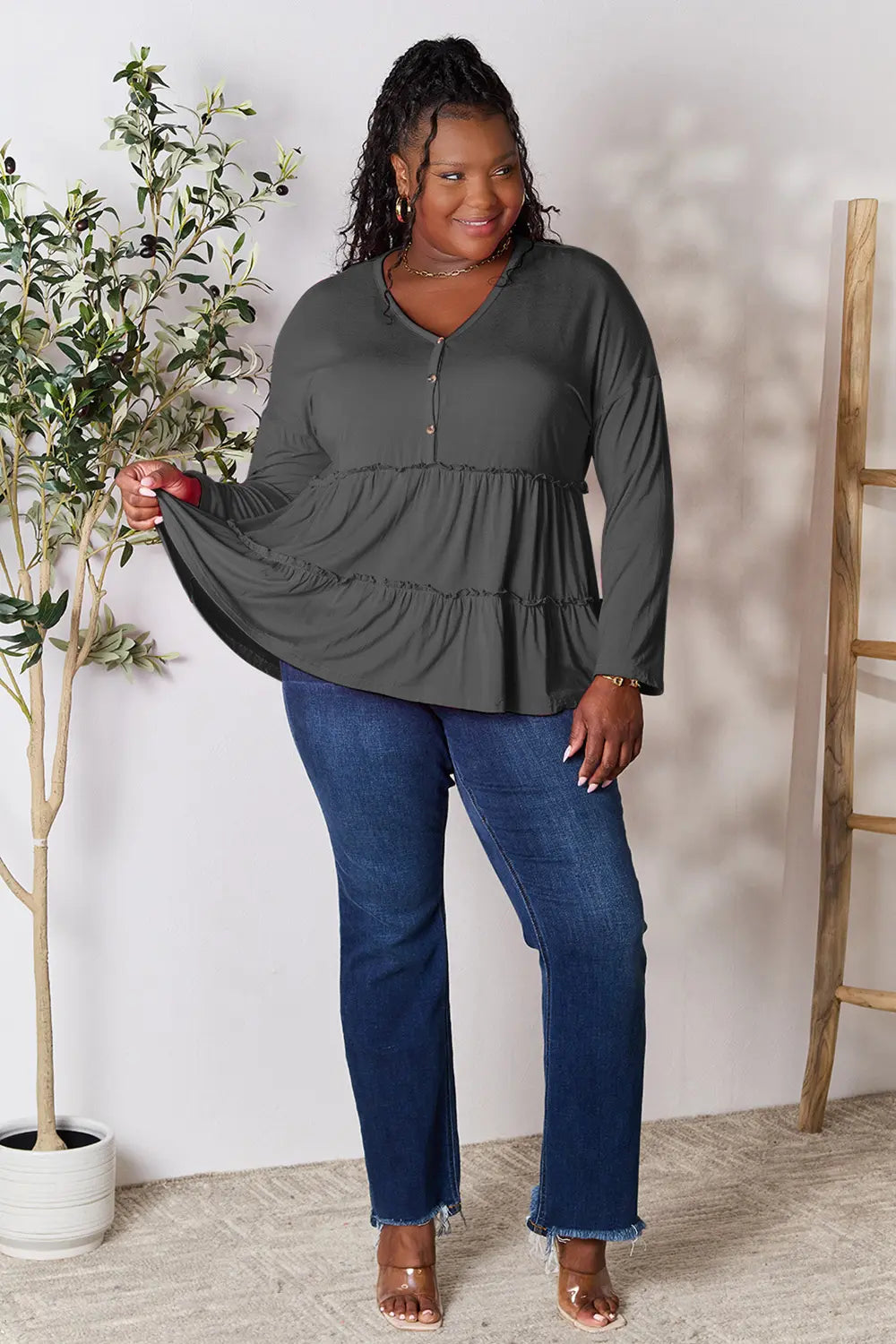 Image of Double Take Half Button Long Sleeve Ruffle Hem Blouse | Queeble.shop