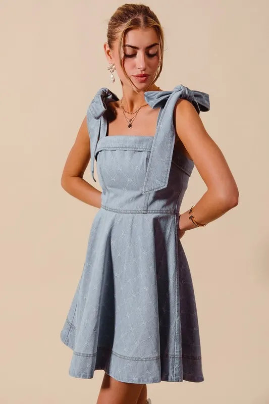 Image of SO ME A Line Fit and Flare Diamond Bow Ribbon Denim Dres | Queeble.shop