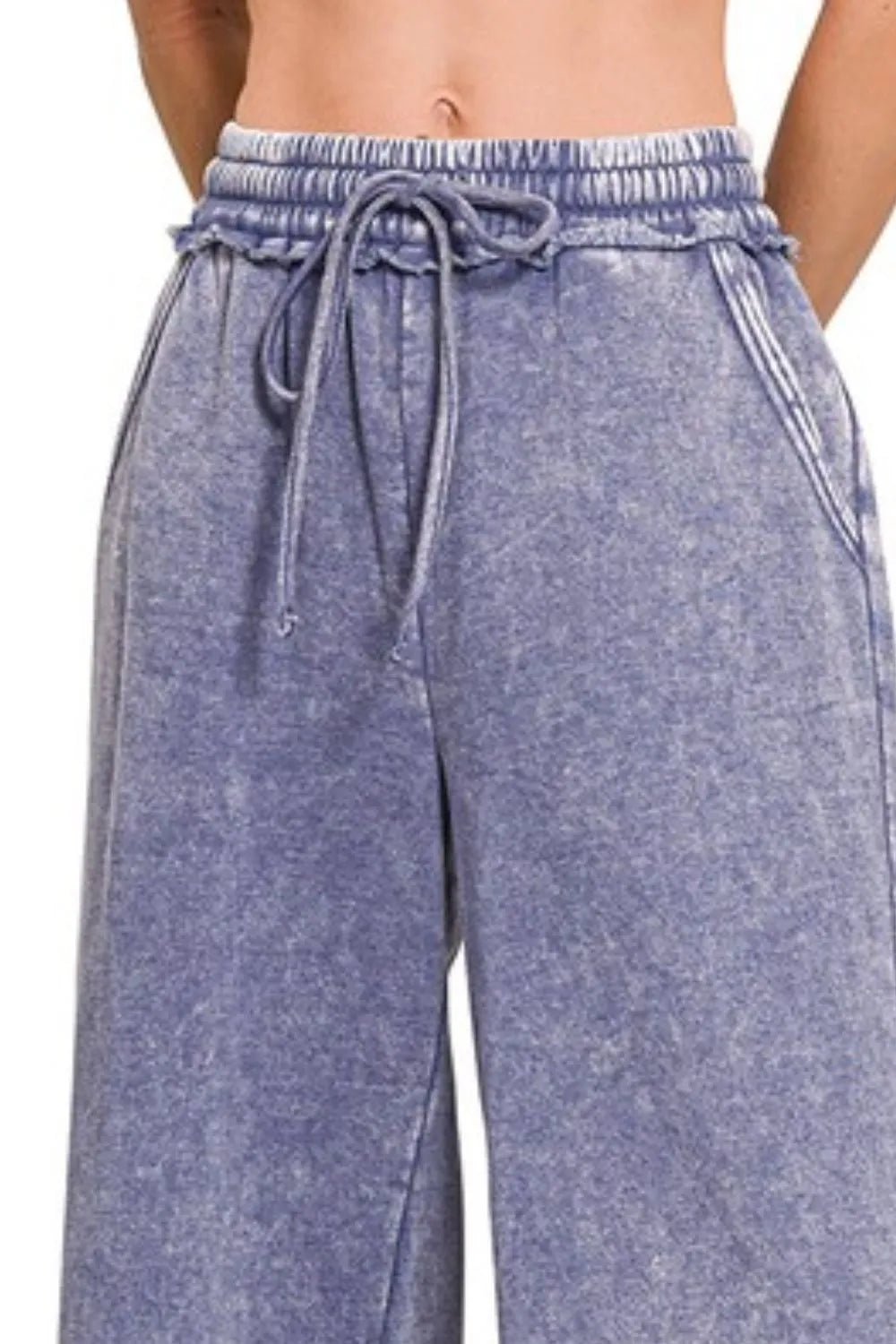 Image of Zenana Acid Wash Fleece Palazzo Sweatpants with Pockets | Queeble.shop
