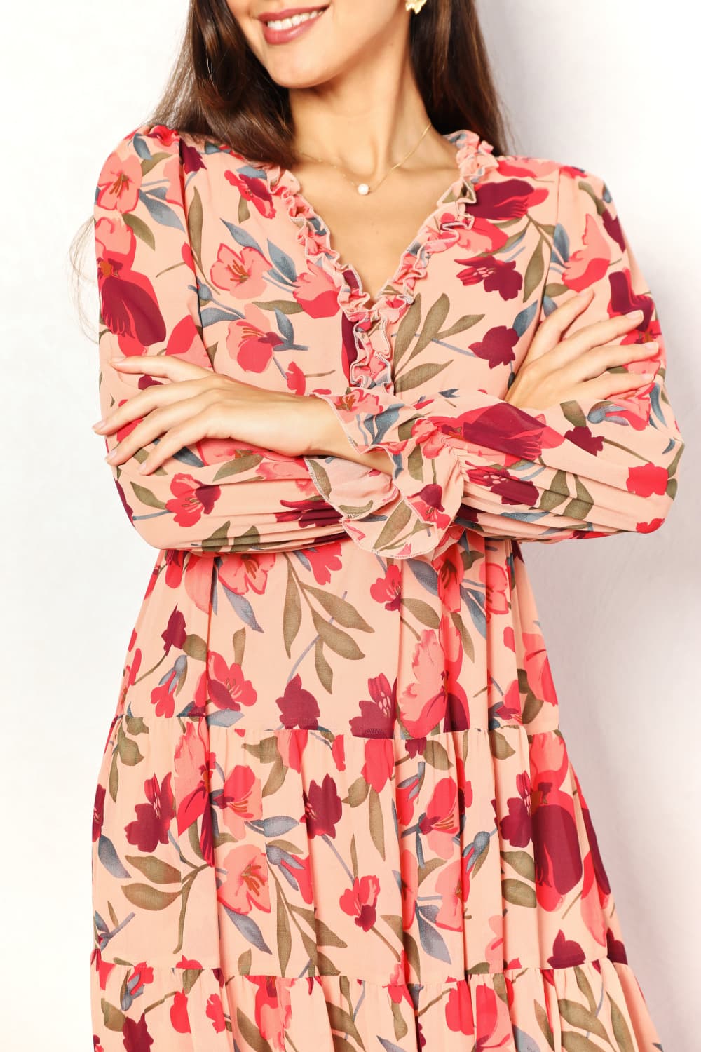 Image of Double Take Floral Frill Trim Flounce Sleeve Plunge Maxi Dress | Queeble.shop