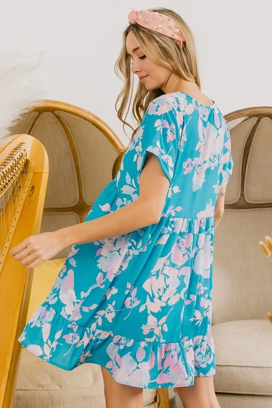 Image of BiBi Floral Crinkle Shirred Ruffle Detail V Neck Dress | Queeble.shop