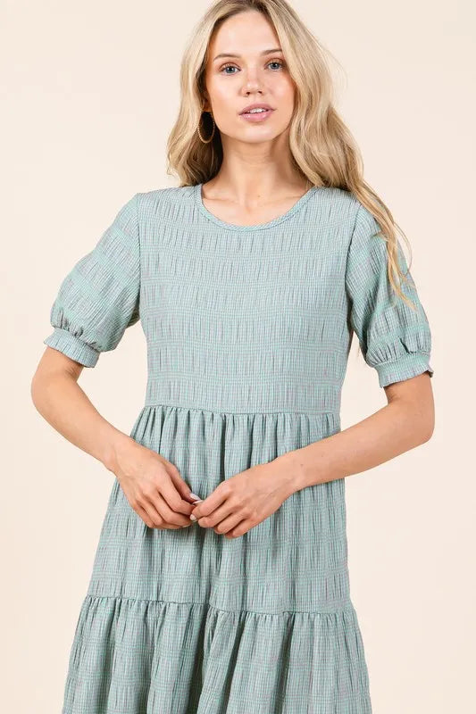 Image of BOMBOM Textured Short Sleeve Tiered Dress | Queeble.shop