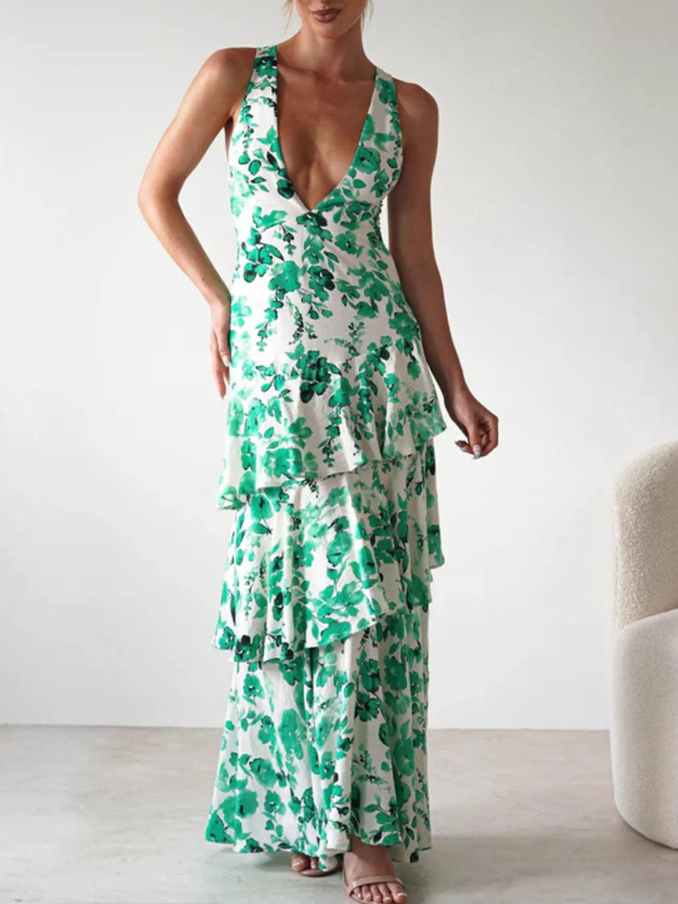 Image of Ruffled Layered Floral Deep V-Neck Dress | Queeble.shop