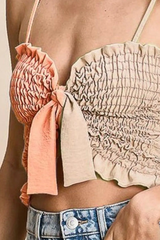 Image of BiBi Woven Color Block Smocked with Ribbon Bra Top | Queeble.shop