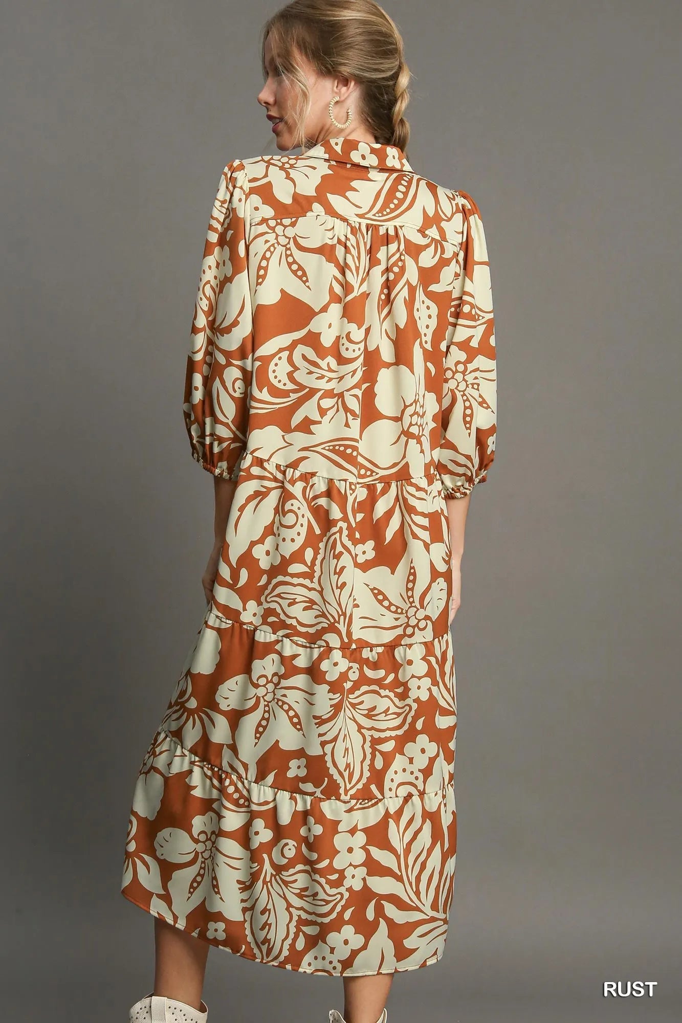 Image of Umgee Full Size Floral Tiered Midi Shirt Dress Plus Size | Queeble.shop
