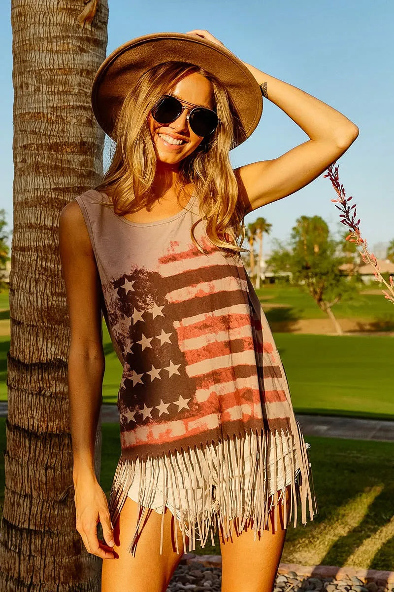 Image of BiBi American Flag Print Knit Sleeveless Top | Queeble.shop