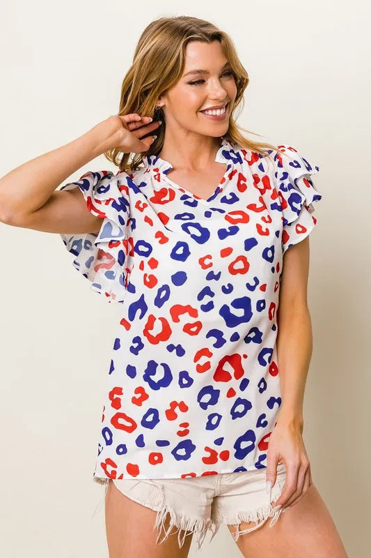 Image of BiBi Leopard Notched Ruffled Cap Sleeve Blouse | Queeble.shop