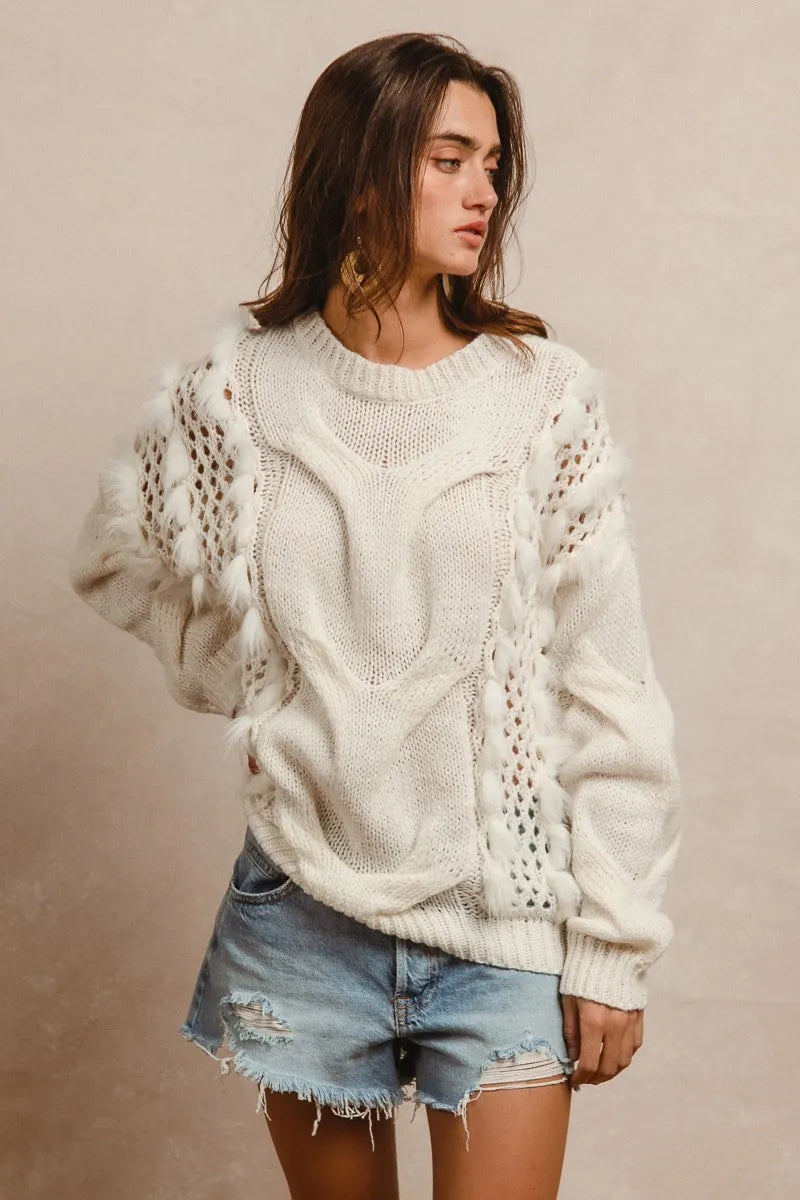 Image of BiBi Faux Fur Detailed Pointelle Cable Knit Sweater | Queeble.shop