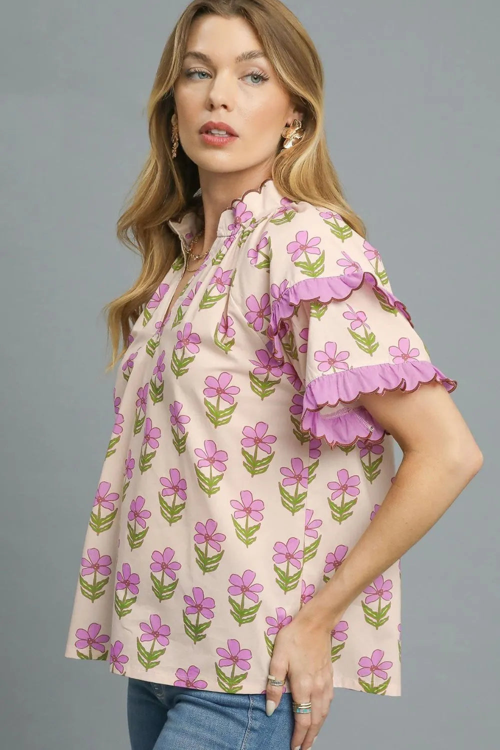 Image of Umgee Floral Print Ruffle Short Sleeve Blouse | Queeble.shop