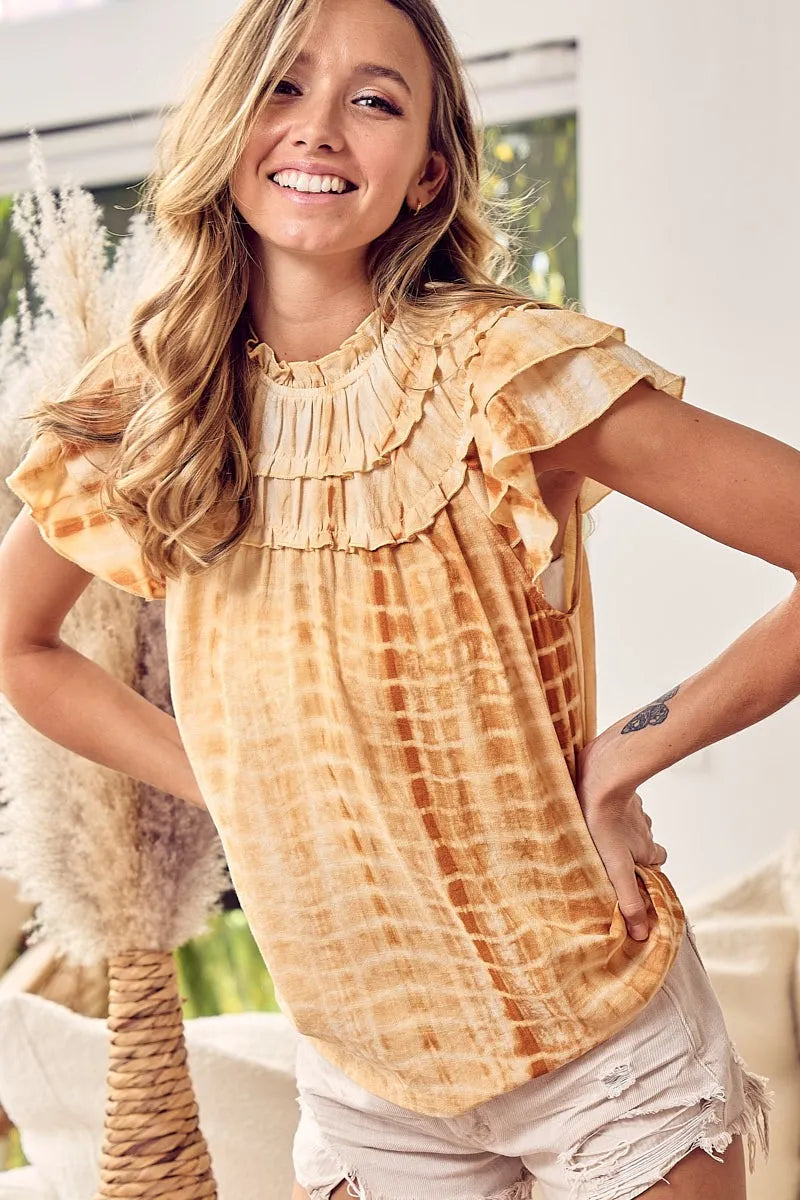 Image of BiBi Tiered Ruffle Neck Tie Dye Top | Queeble.shop