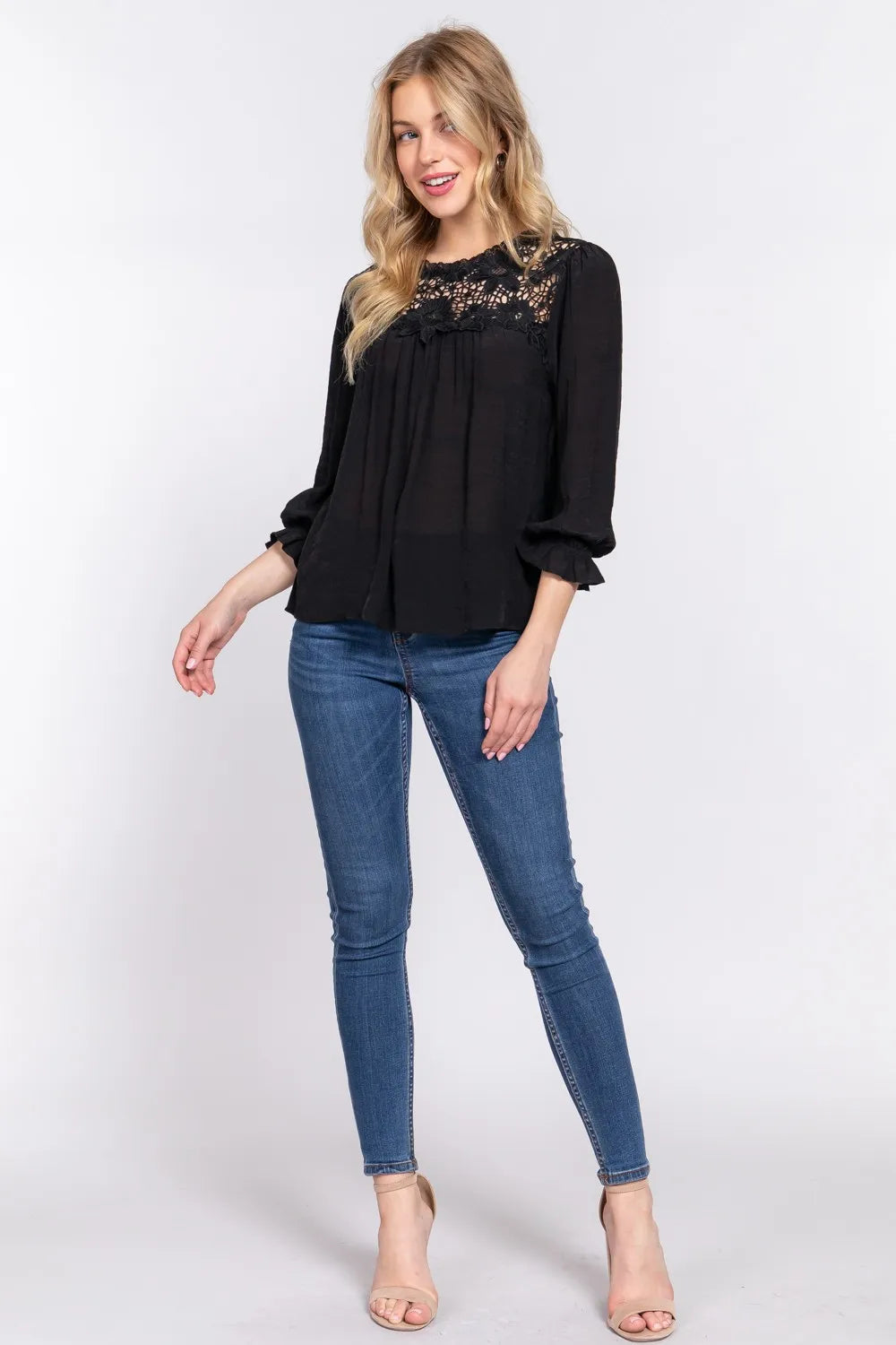 Image of ACTIVE BASIC Crochet Lace Panel Flounce Sleeve Blouse | Queeble.shop