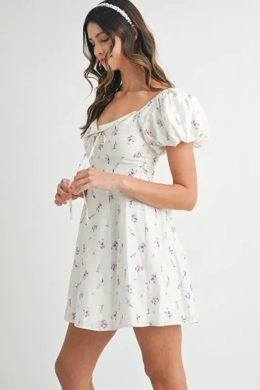 Image of MABLE Floral Print Puff Sleeve Mini Dress | Queeble.shop