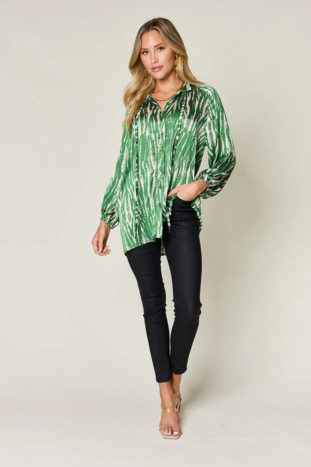 Image of Double Take Full Size Printed Button Up Long Sleeve Shirt | Queeble.shop