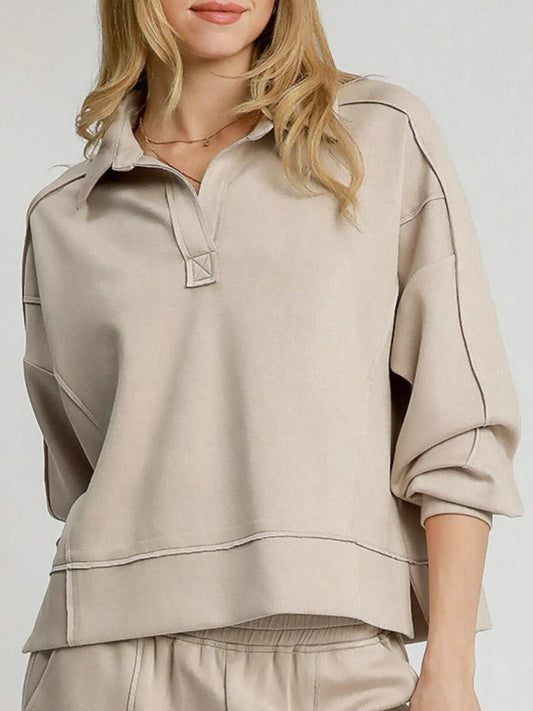 Image of Umgee Exposed Seam Long Sleeve Polo Top with Side Slit | Queeble.shop