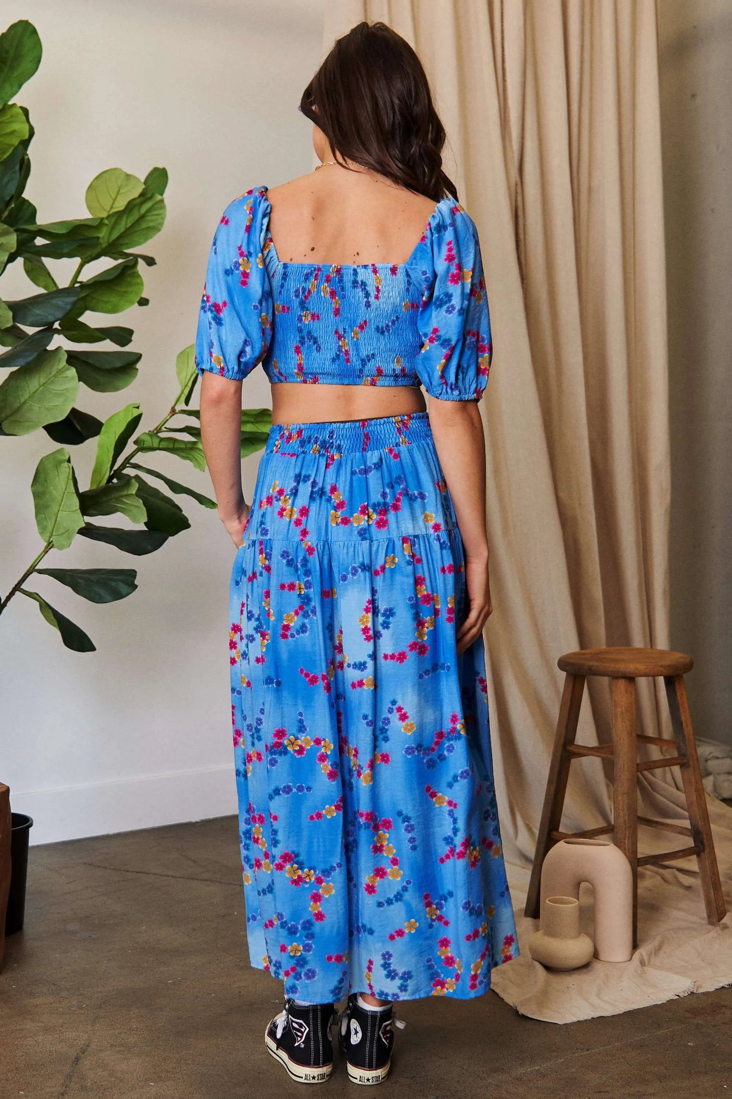 Image of Davi & Dani Smocing Bodice Puff Short Sleeve Printed Crop Top | Queeble.shop