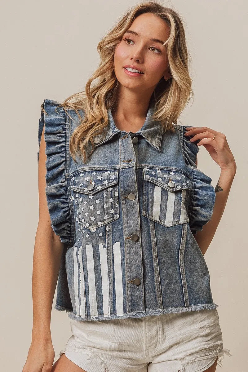 Image of BiBi American Flag Washed Denim Jacket | Queeble.shop
