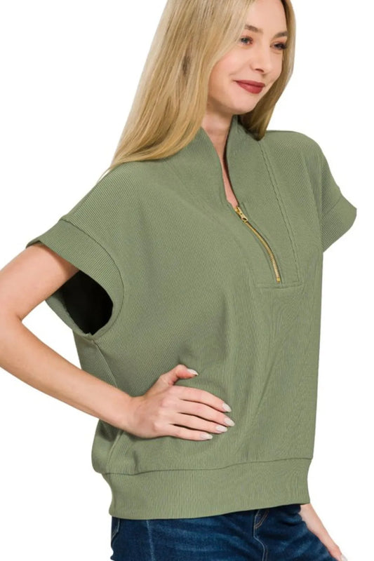 Image of Zenana Ribbed High Neck Half Zip Top | Queeble.shop