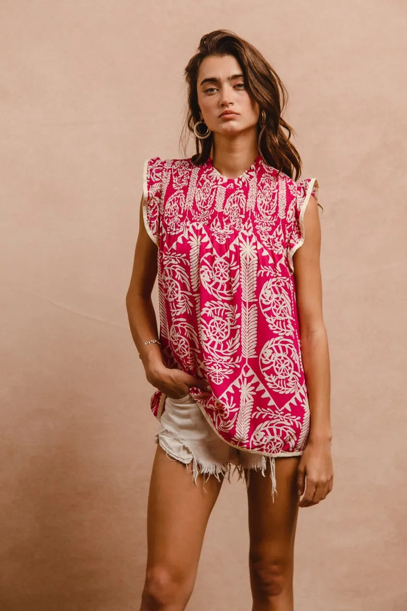 Image of BiBi Printed Ruffle Sleeve Top | Queeble.shop