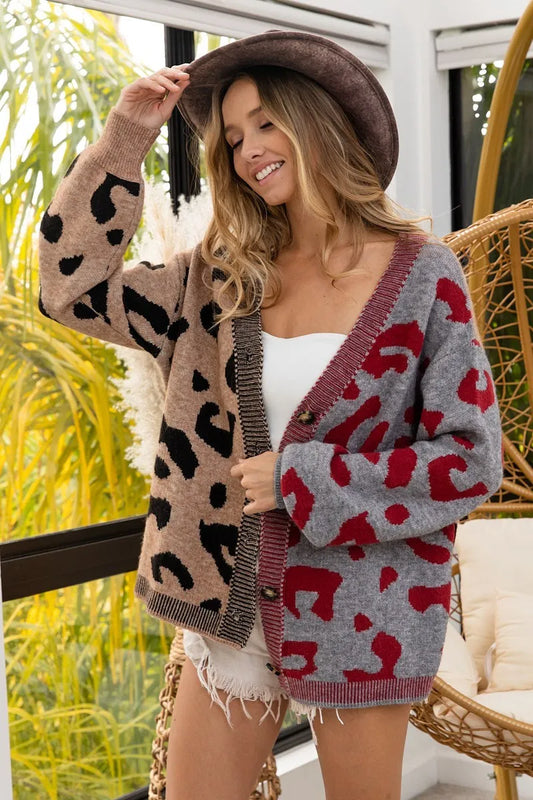 Image of BiBi Leopard Color Block Button Down Sweater Cardigan | Queeble.shop