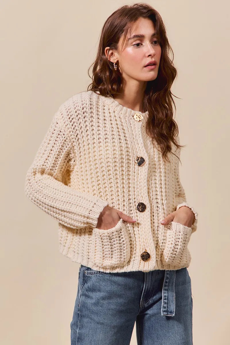 Image of SO ME Metal Button Long Sleeve Chunky Sweater Cardigan | Queeble.shop