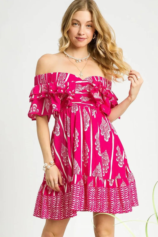 Image of Umgee Off-Shoulder Paisley Print Ruffled Mini Dress | Queeble.shop