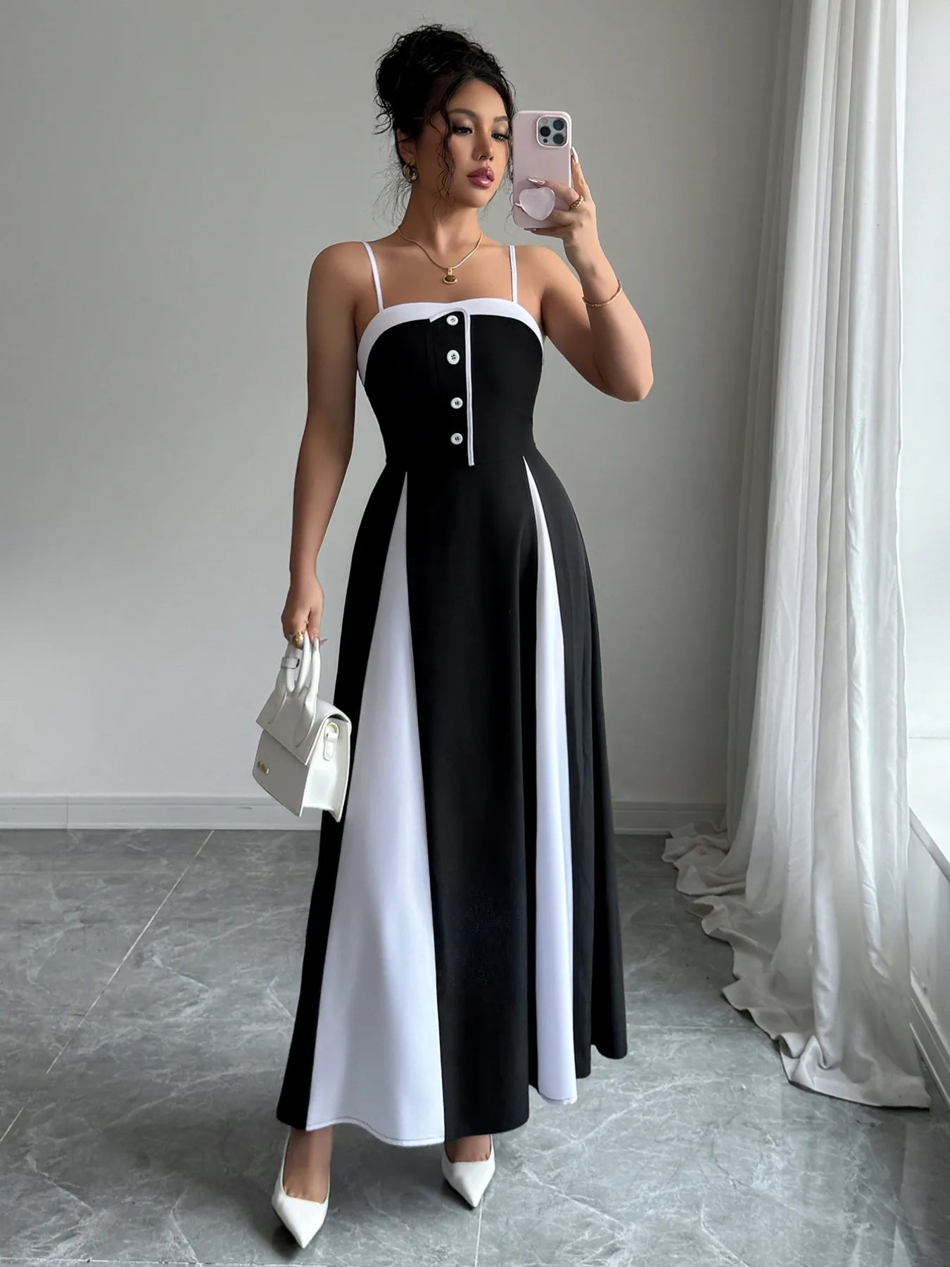 Image of Decorative Button Contrast Maxi Cami Dress | Queeble.shop